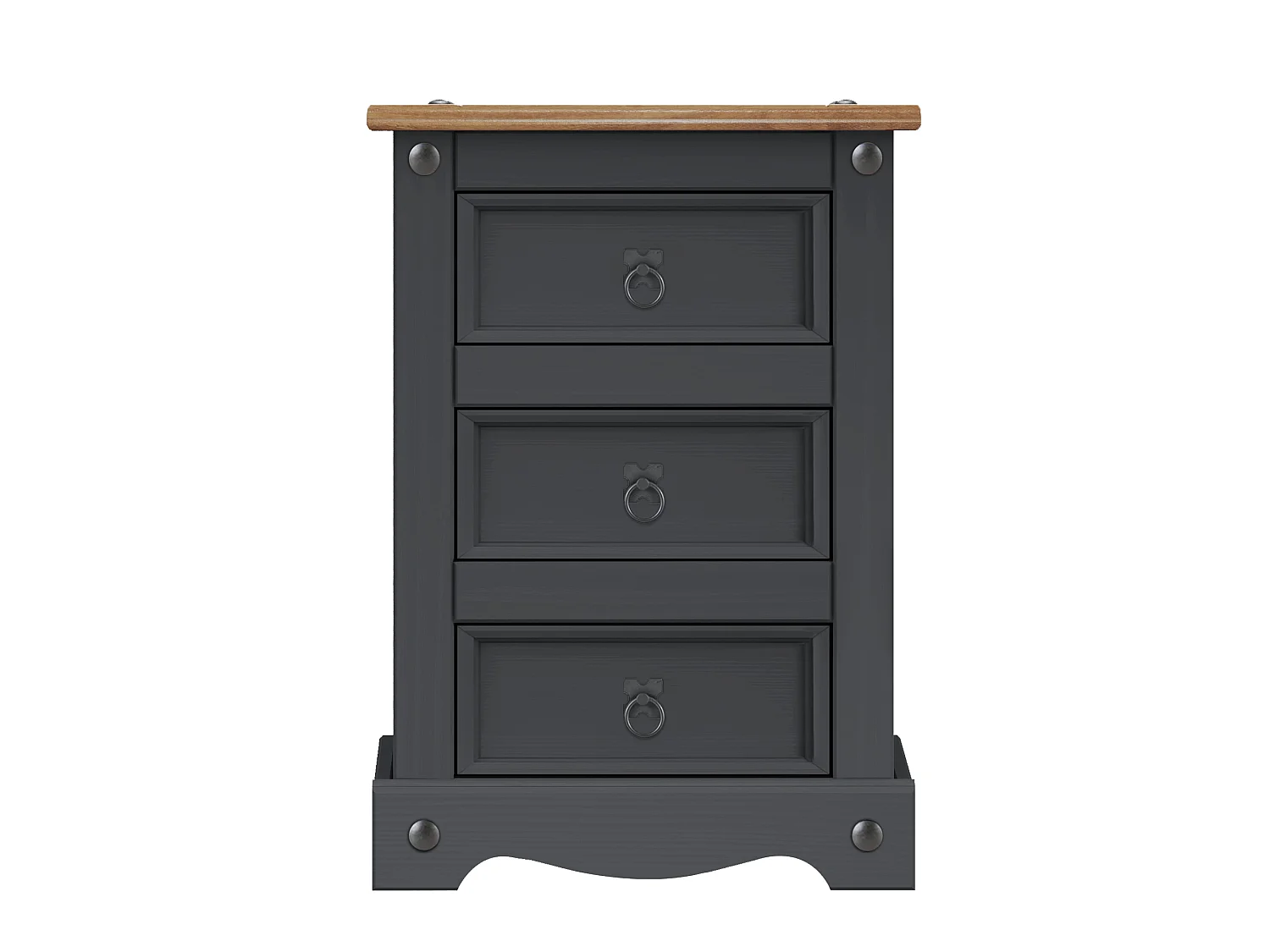 Mercers Furniture Corona Charcoal Medium 3 Drawer Bedside Cabinet Chest Table Solid Wood Pine Wooden Dark Grey Bedroom with Mexican Styling