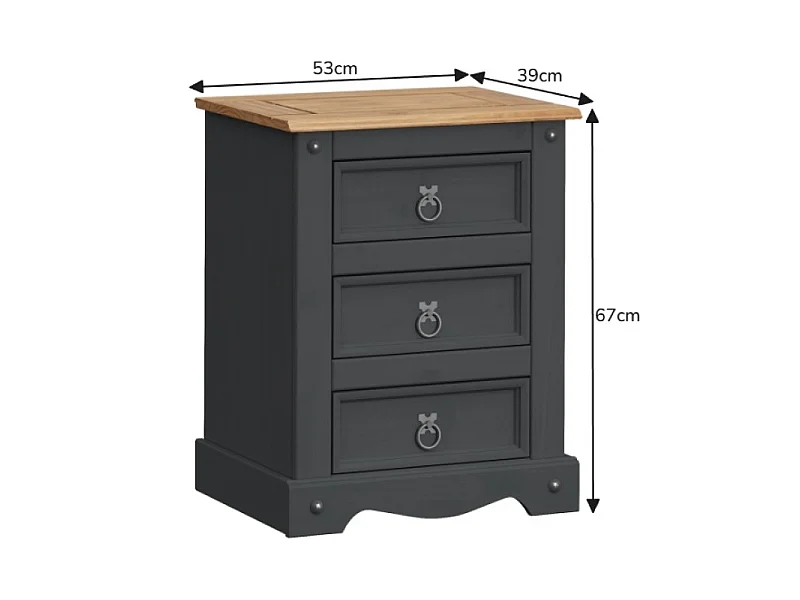 Mercers Furniture Corona Charcoal Large 3 Drawer Bedside Cabinet Stand Unit Solid Wood Mexican Pine Wooden Dark Grey Bedroom