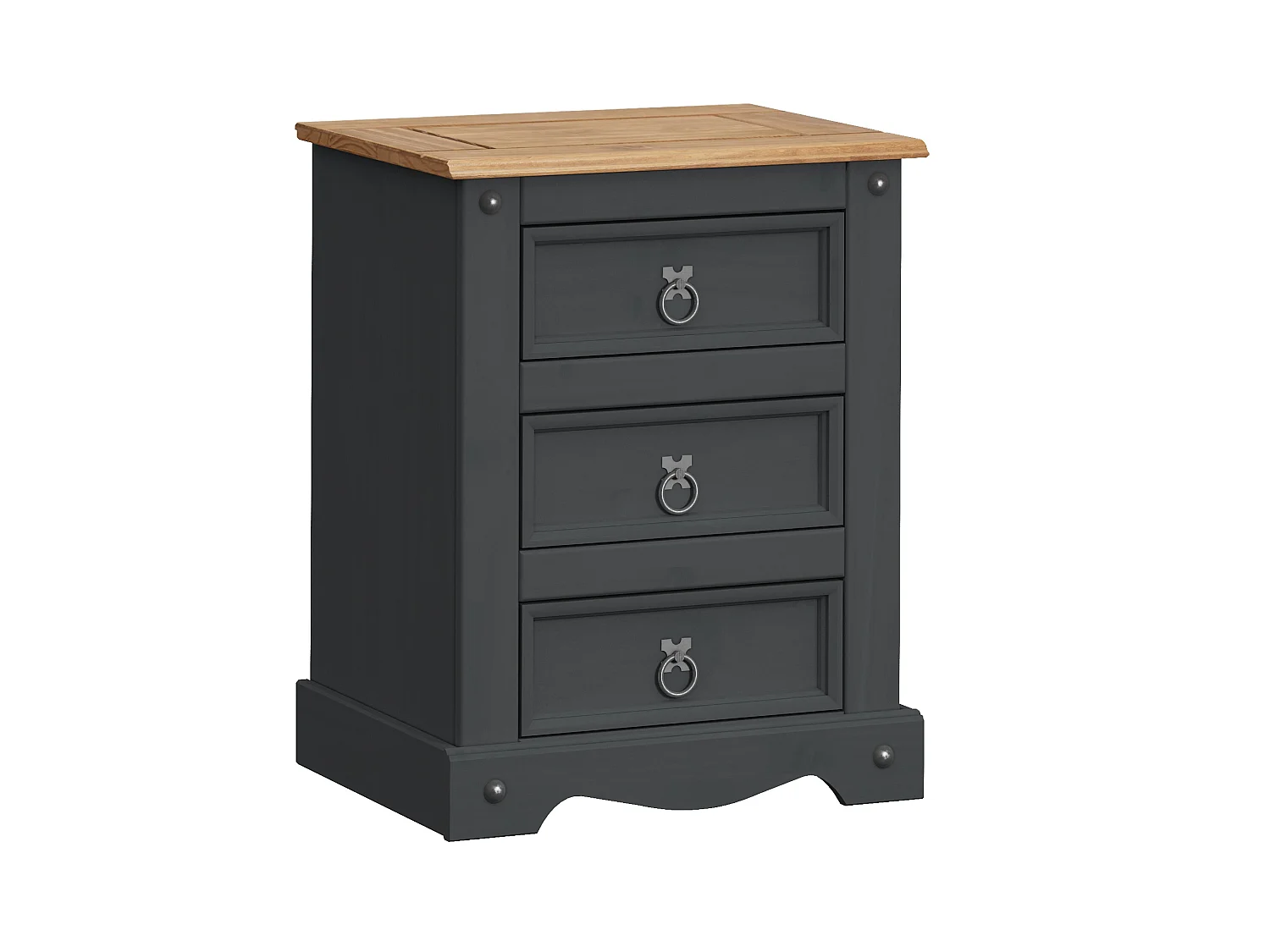 Mercers Furniture Corona Charcoal Large 3 Drawer Bedside Cabinet Stand Unit Solid Wood Mexican Pine Wooden Dark Grey Bedroom