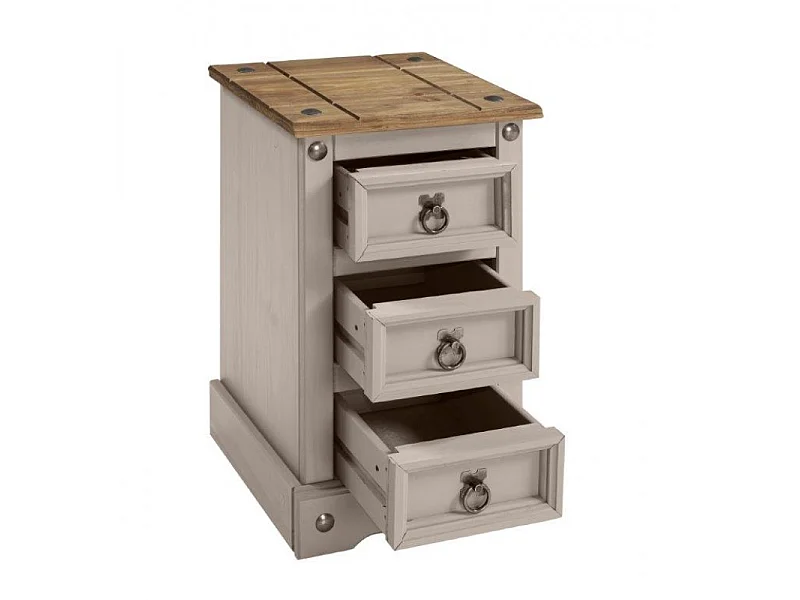 Mercers Furniture Corona Grey Painted Wax Narrow 3 Drawer Bedside Cabinet Chest Table Solid Wood Pine with Wooden Mexican Styling