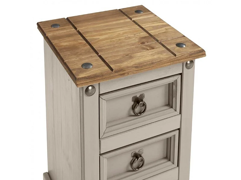 Mercers Furniture Corona Grey Painted Wax Narrow 3 Drawer Bedside Cabinet Chest Table Solid Wood Pine with Wooden Mexican Styling