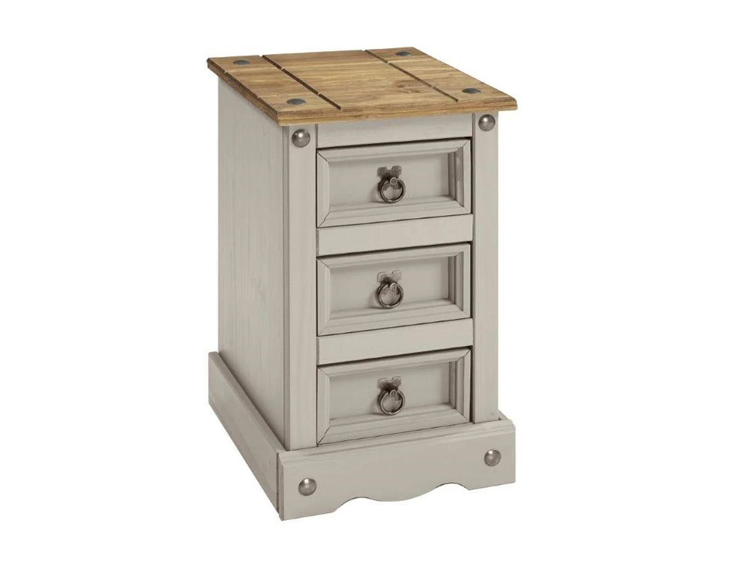 Mercers Furniture Corona Grey Painted Wax Narrow 3 Drawer Bedside Cabinet Chest Table Solid Wood Pine with Wooden Mexican Styling