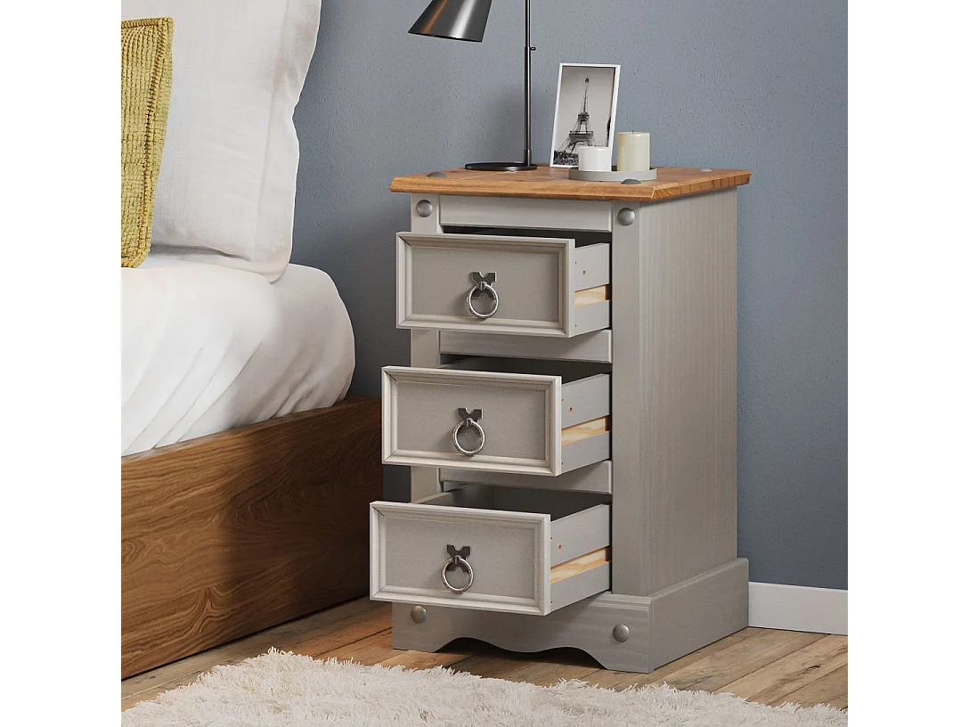 Mercers Furniture Corona Grey Painted Wax Narrow 3 Drawer Bedside Cabinet Chest Table Solid Wood Pine with Wooden Mexican Styling