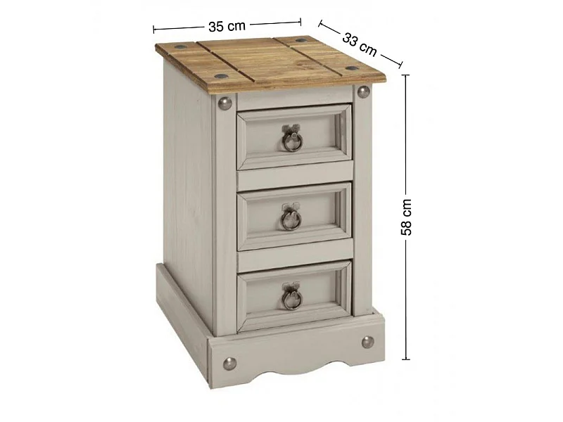 Mercers Furniture Corona Grey Painted Wax Narrow 3 Drawer Bedside Cabinet Chest Table Solid Wood Pine with Wooden Mexican Styling