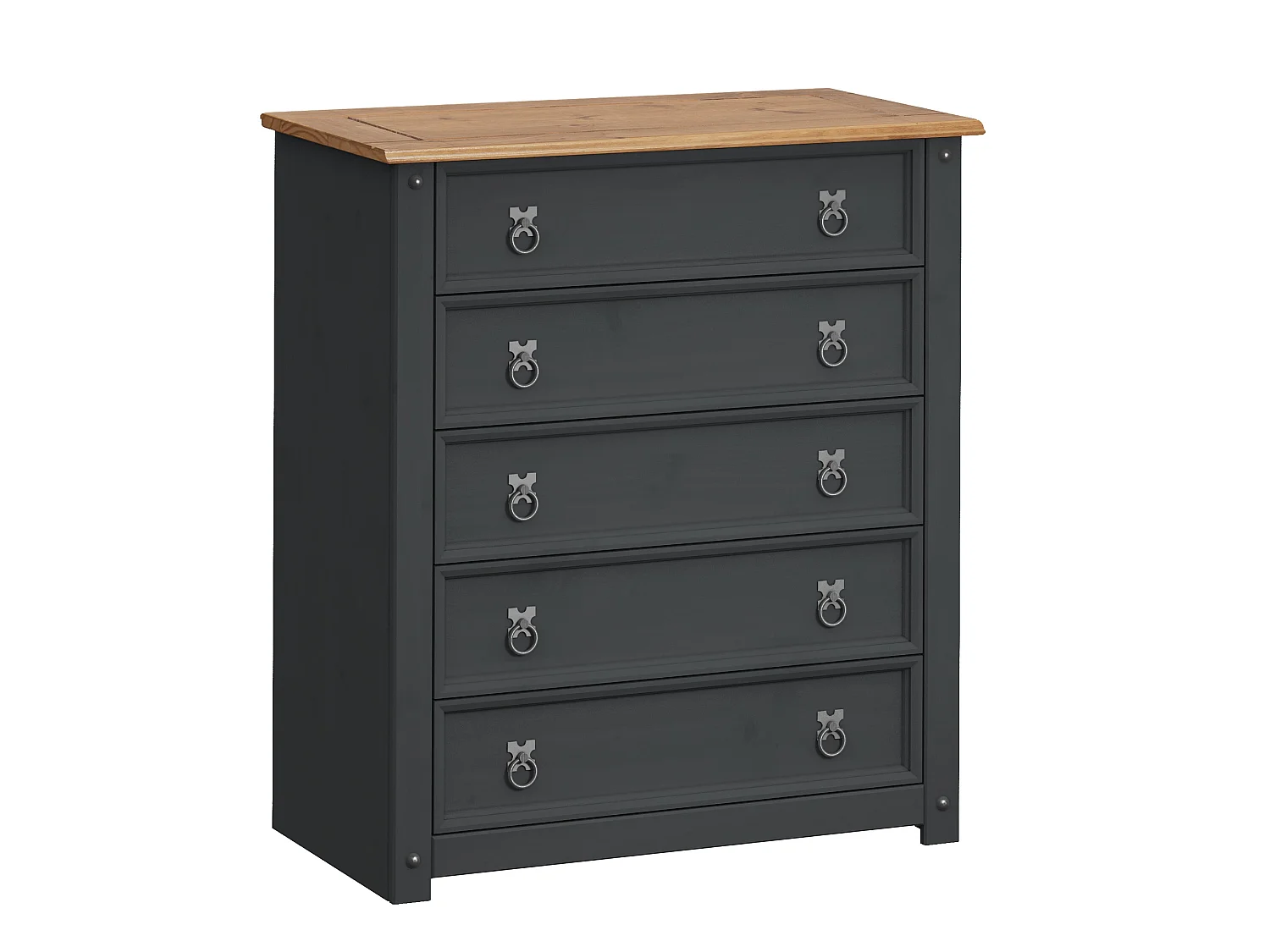Mercers Furniture Corona Charcoal Small 5 Drawer Chest Of Drawers Solid Wood Pine Wooden Dark Grey Bedroom with Mexican Styling