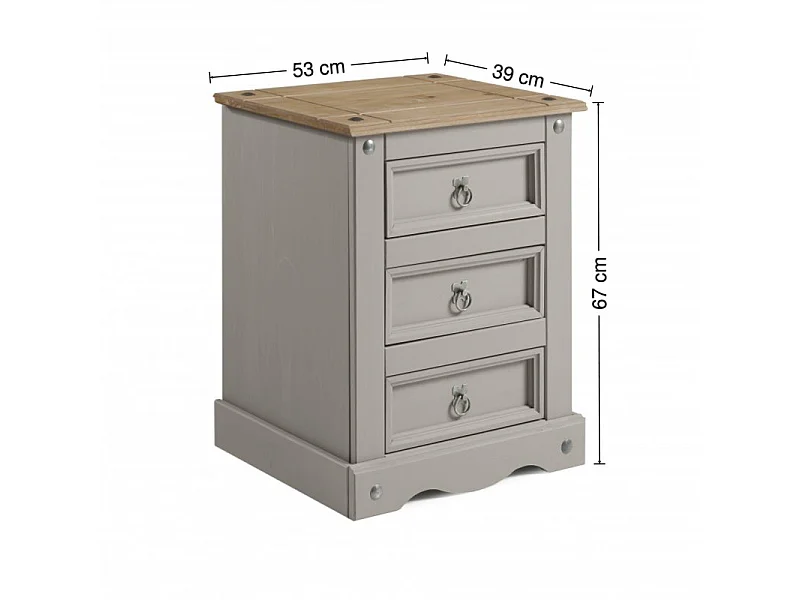 Mercers Furniture Corona Grey Wax 3 Drawer Bedside Cabinet LARGE Chest Table Solid Wood Pine Wooden Bedroom with Mexican Styling