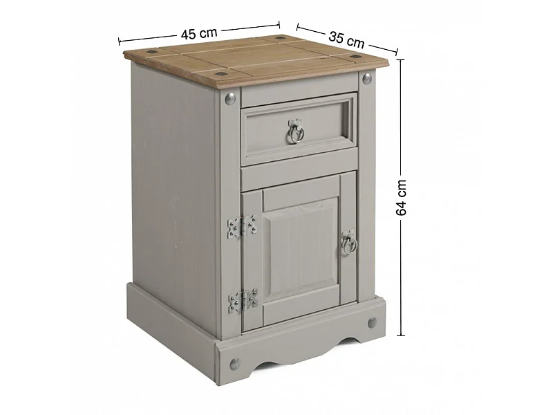 Mercers Furniture Corona Grey Wax Medium Pot Cupboard Bedside 1 Door 1 Drawer Cabinet Table Chest Solid Wood Pine Wooden Bedroom with Mexican Styling