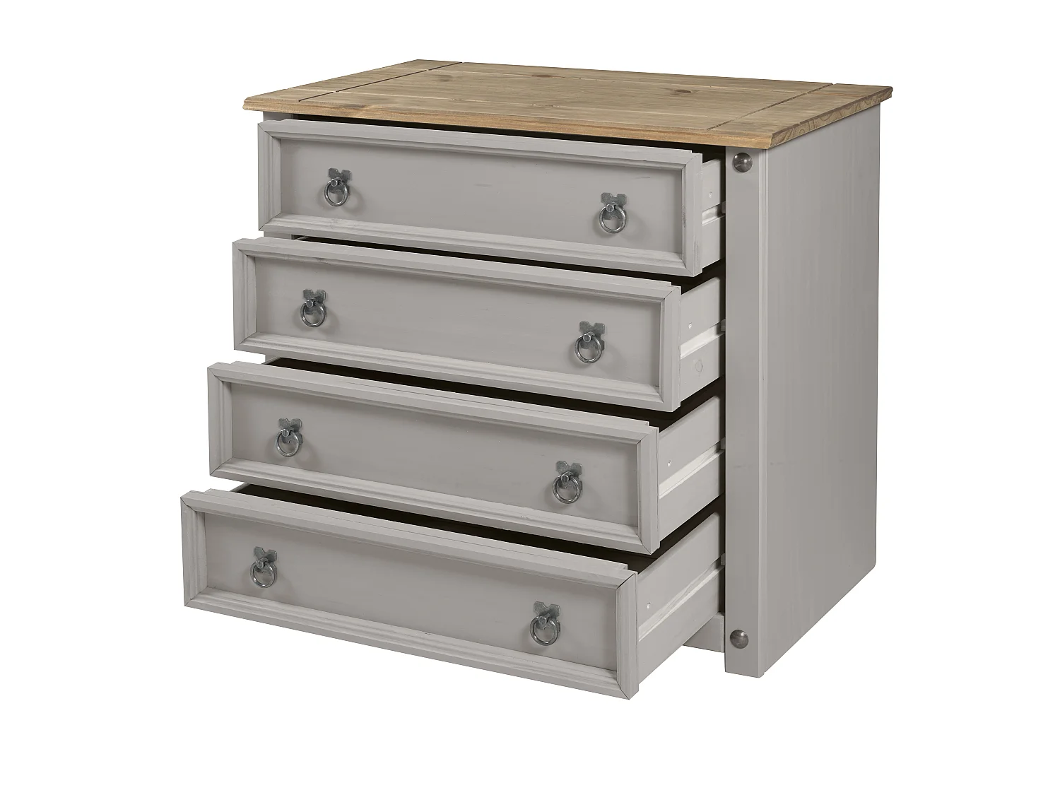 Mercers Furniture Corona Grey Painted Wax Small 4 Drawer Chest of Drawers Solid Wood Pine Wooden with Mexican Styling Bedroom