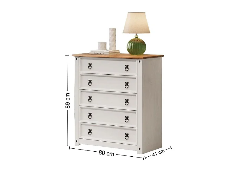 Mercers Furniture Corona White Small 5 Drawer Chest Solid Wood Pine Wooden with Mexican Shabby Chic Styling