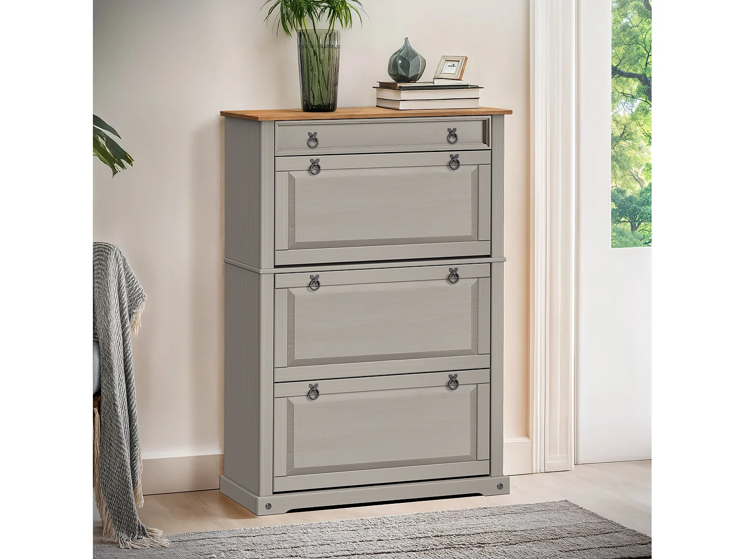 Mercers Furniture Corona Grey Wax 1 Drawer 3 Shelf Shoe Rack Chest Solid Wood Mexican Pine Wooden Hallway Storage