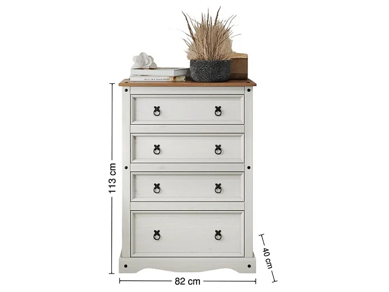 Mercers Furniture Corona White Compact 4 Drawer Chest Of Drawers Solid Wood Pine Wooden Bedroom with Mexican Styling