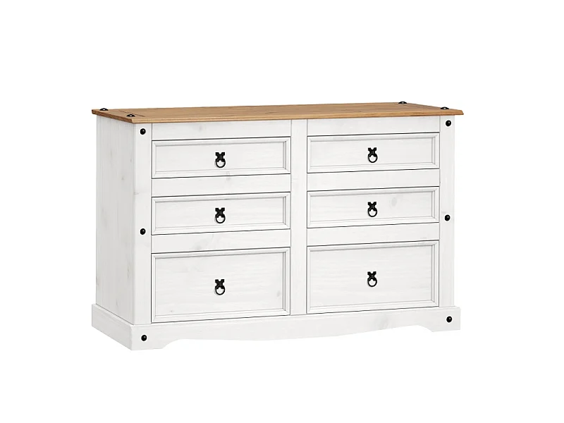 Mercers Furniture Corona White Low 3+3 Wide 6 Drawer Chest Of Drawers Sideboard Bedroom Solid Wood Pine Wooden with Mexican Styling