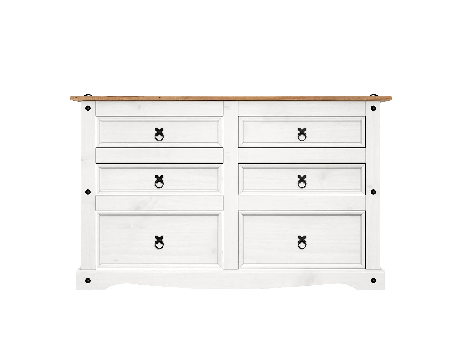 Mercers Furniture Corona White Low 3+3 Wide 6 Drawer Chest Of Drawers Sideboard Bedroom Solid Wood Pine Wooden with Mexican Styling