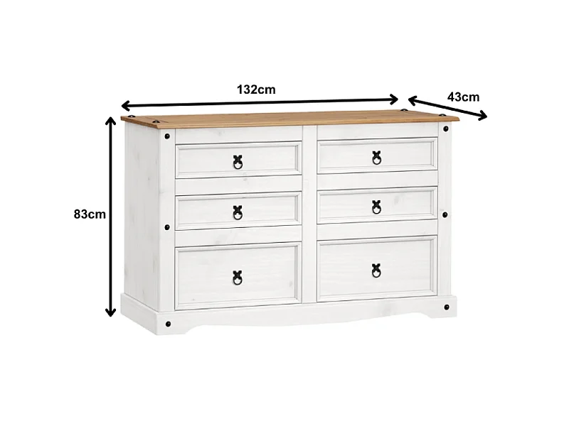 Mercers Furniture Corona White Low 3+3 Wide 6 Drawer Chest Of Drawers Sideboard Bedroom Solid Wood Pine Wooden with Mexican Styling