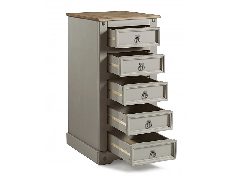 Mercers Furniture Corona Grey Wax 5 Drawer Narrow Chest Solid Wood Pine Wooden Bedroom with Mexican Styling