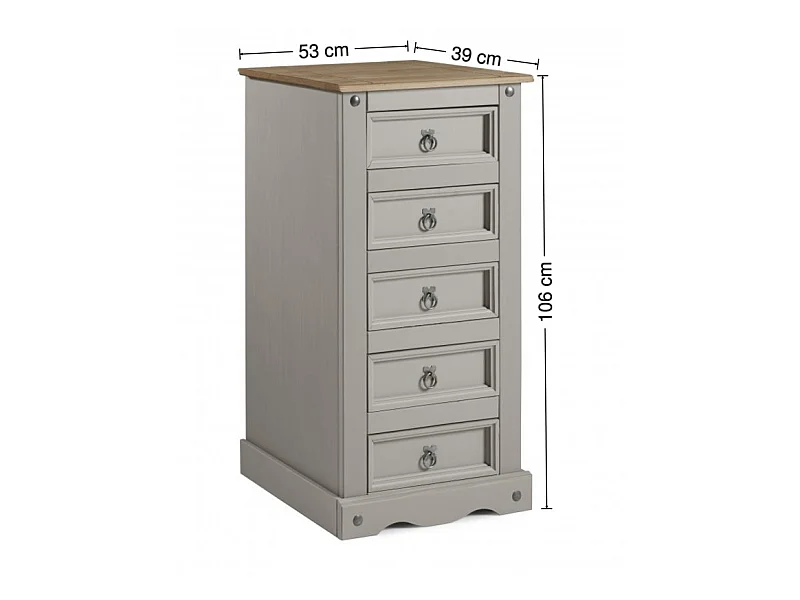 Mercers Furniture Corona Grey Wax 5 Drawer Narrow Chest Solid Wood Pine Wooden Bedroom with Mexican Styling