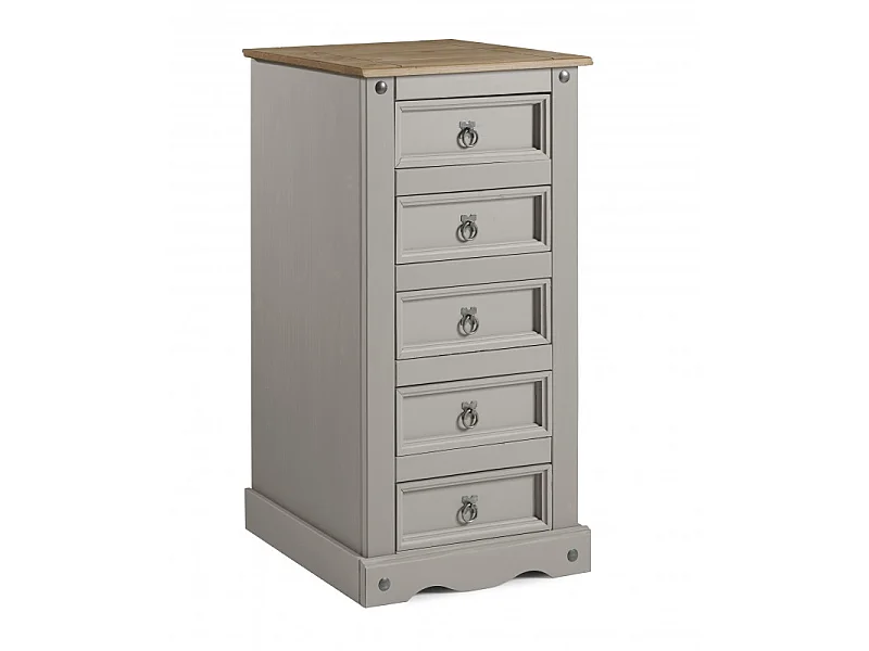 Mercers Furniture Corona Grey Wax 5 Drawer Narrow Chest Solid Wood Pine Wooden Bedroom with Mexican Styling