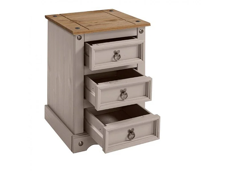 Mercers Furniture Corona Grey Wax Painted Medium 3 Drawer Bedside Cabinet Table Chest Solid Wood Pine with Mexican Styling Wooden