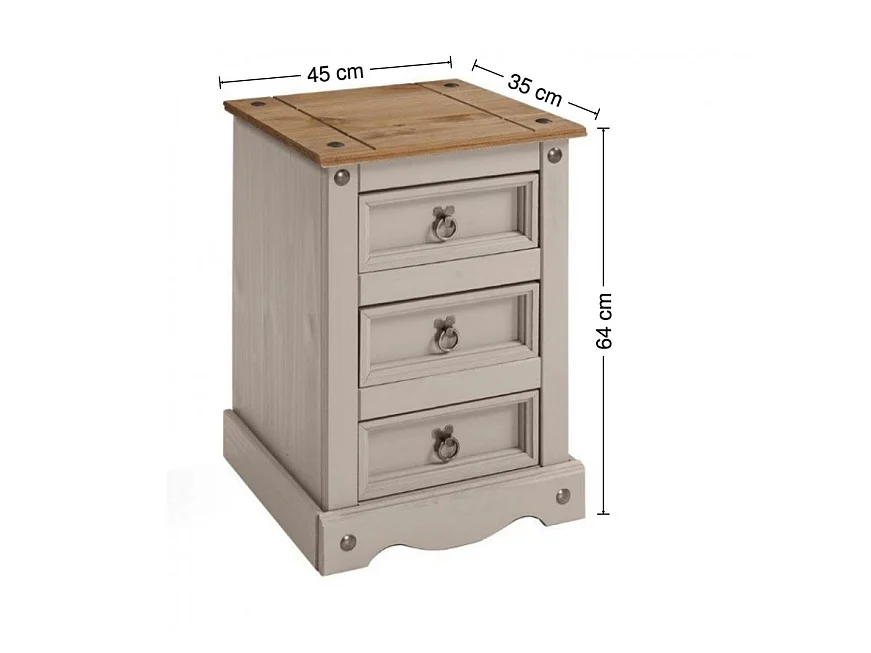 Mercers Furniture Corona Grey Wax Painted Medium 3 Drawer Bedside Cabinet Table Chest Solid Wood Pine with Mexican Styling Wooden