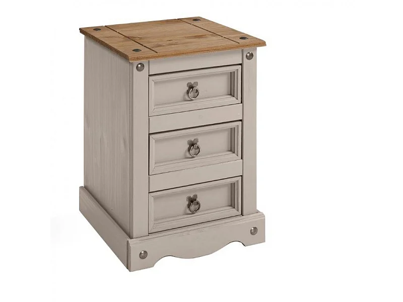Mercers Furniture Corona Grey Wax Painted Medium 3 Drawer Bedside Cabinet Table Chest Solid Wood Pine with Mexican Styling Wooden