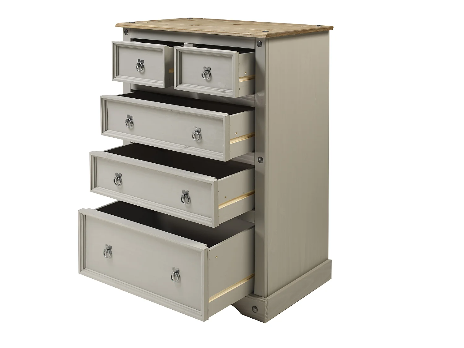 Mercers Furniture Corona Grey Wax Compact 2+3 Chest of 5 Drawers Solid Wood Pine Wooden Bedroom with Mexican Styling