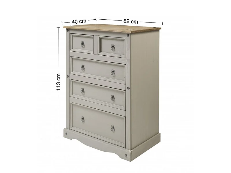 Mercers Furniture Corona Grey Wax Compact 2+3 Chest of 5 Drawers Solid Wood Pine Wooden Bedroom with Mexican Styling