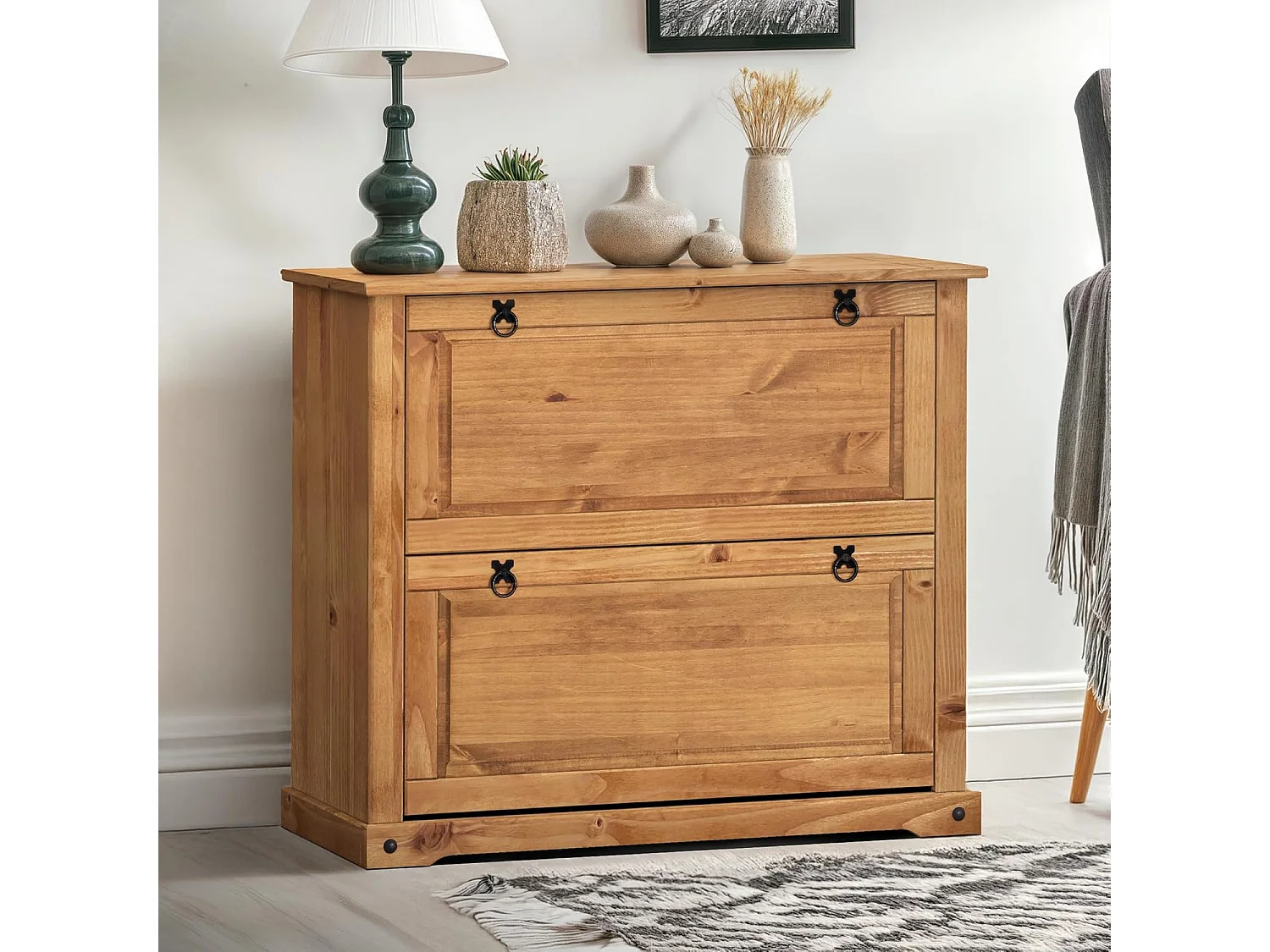 Mercers Furniture Corona 2 Shelf Shoe Rack Chest Solid Wood Mexican Pine Antique Wax Wooden Hallway Storage