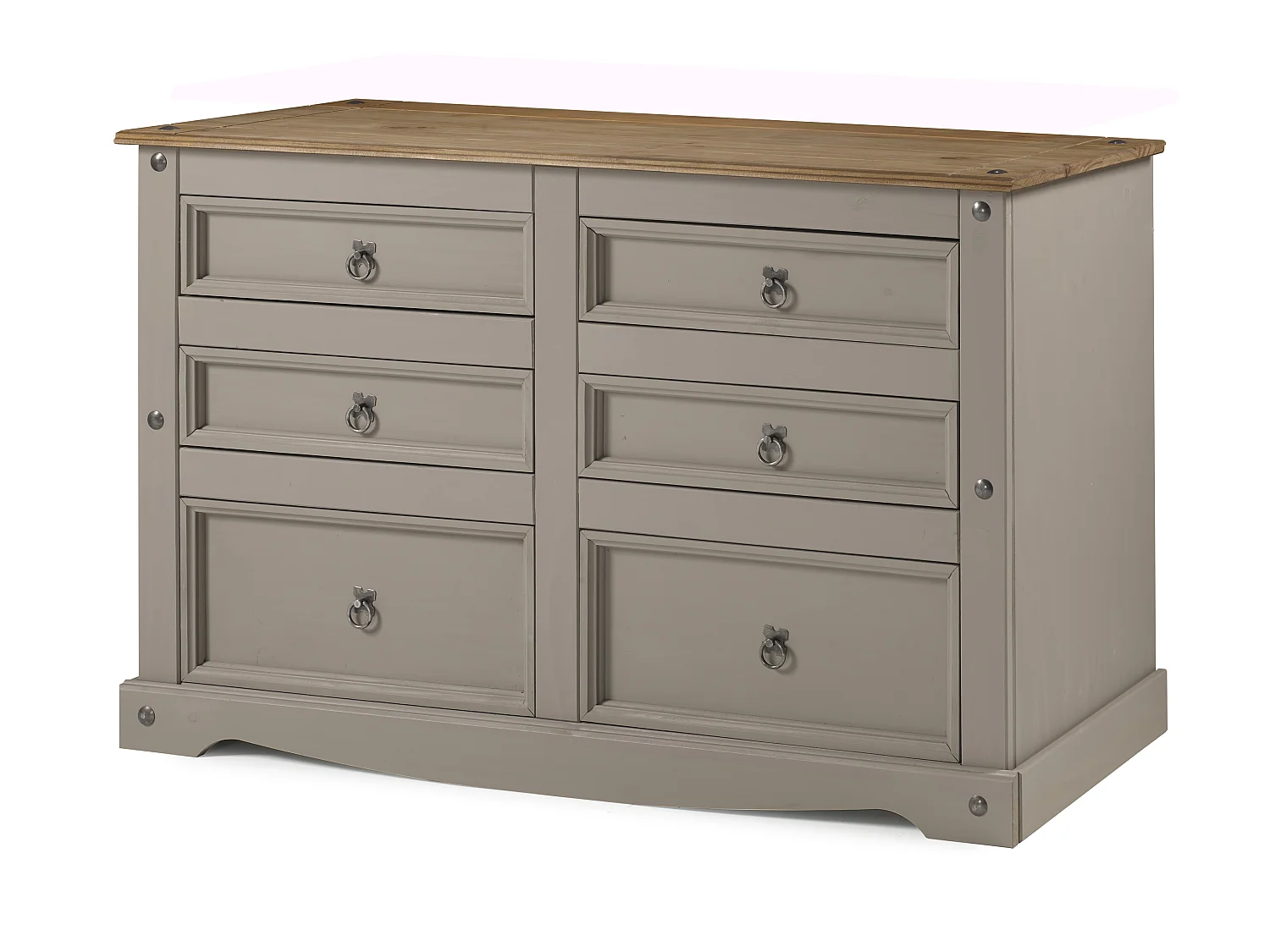 Mercers Furniture Corona Grey Wax Low 3+3 Wide Chest of 6 Drawers Sideboard Solid Wood Pine Wooden with Mexican Styling