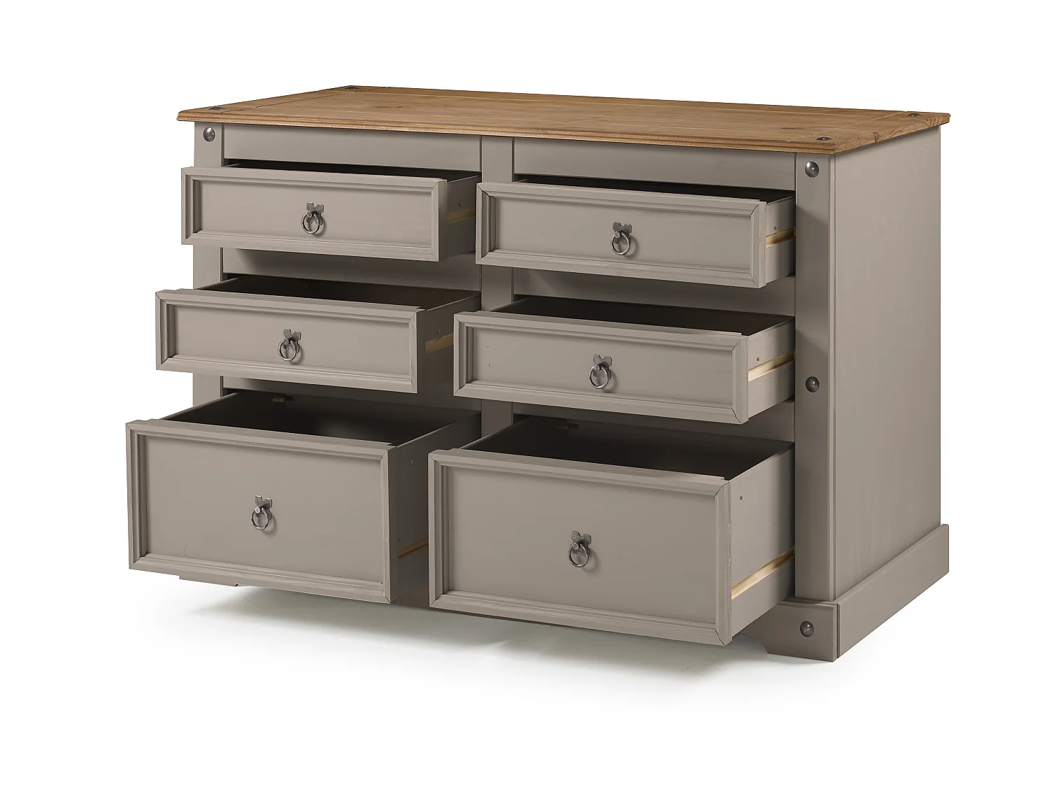 Mercers Furniture Corona Grey Wax Low 3+3 Wide Chest of 6 Drawers Sideboard Solid Wood Pine Wooden with Mexican Styling