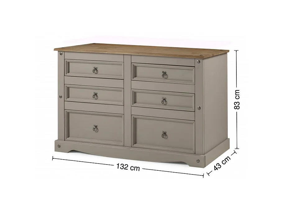 Mercers Furniture Corona Grey Wax Low 3+3 Wide Chest of 6 Drawers Sideboard Solid Wood Pine Wooden with Mexican Styling