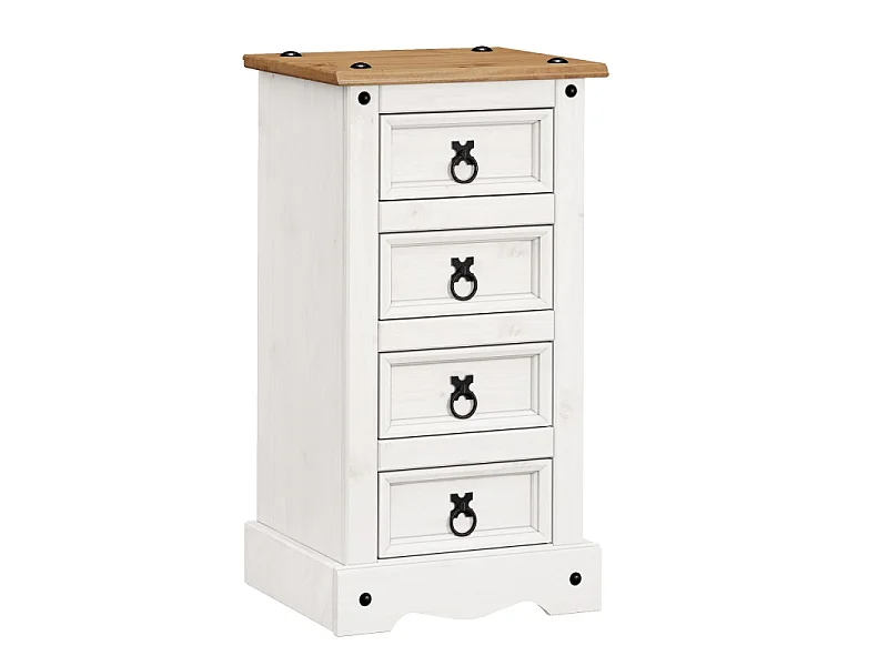 Mercers Furniture Corona White 4 Drawer Narrow Bedside Chest Table Cabinet Solid Wood Pine Wooden Bedroom with Mexican Styling