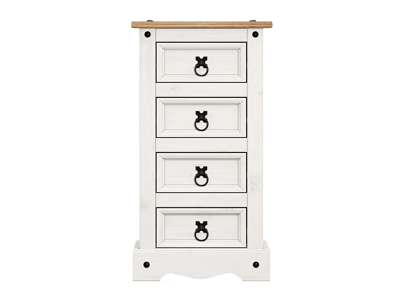 Mercers Furniture Corona White 4 Drawer Narrow Bedside Chest Table Cabinet Solid Wood Pine Wooden Bedroom with Mexican Styling