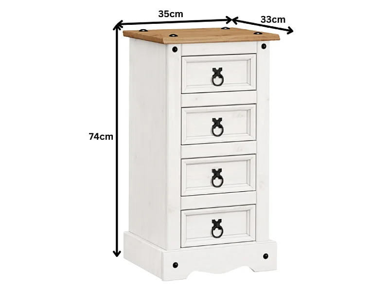 Mercers Furniture Corona White 4 Drawer Narrow Bedside Chest Table Cabinet Solid Wood Pine Wooden Bedroom with Mexican Styling