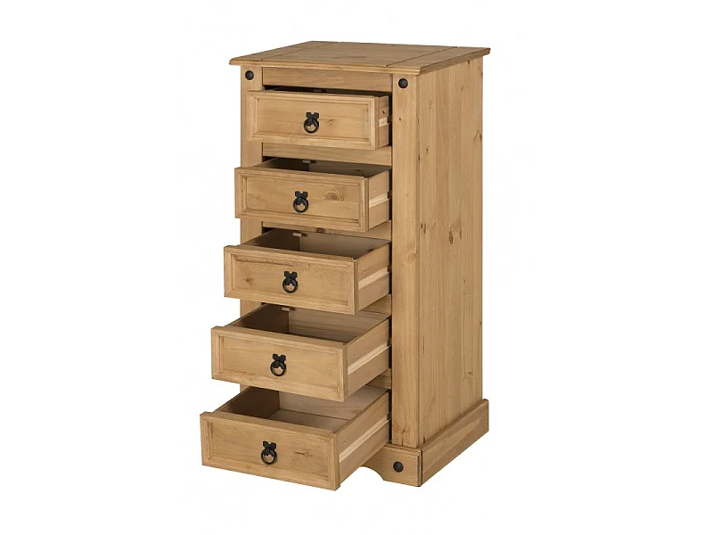 Mercers Furniture Corona 5 Drawer Narrow Chest of Drawers Solid Wood Pine with Mexican Styling Wooden