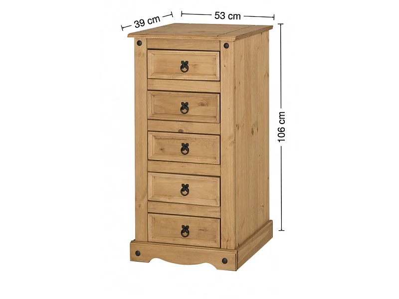 Mercers Furniture Corona 5 Drawer Narrow Chest of Drawers Solid Wood Pine with Mexican Styling Wooden