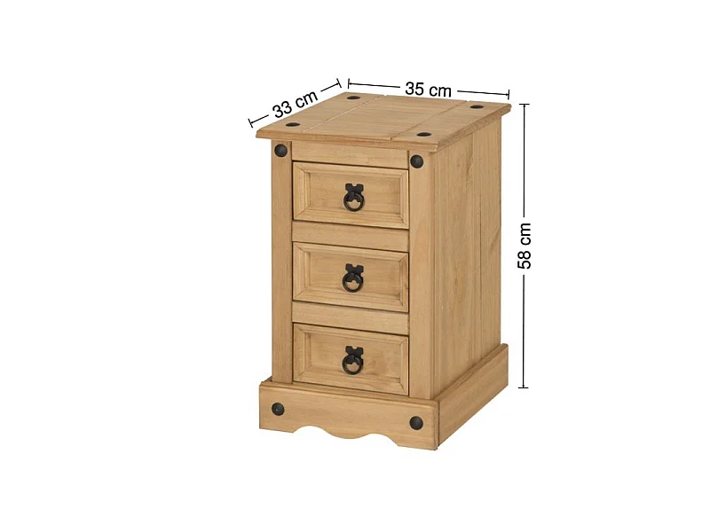 Mercers Furniture Corona Narrow 3 Drawer Bedside Cabinet Table Solid Wood Pine with Mexican Styling Wooden