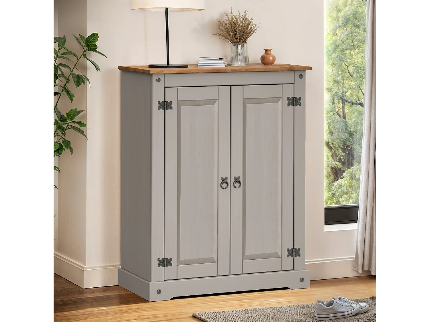 Mercers Furniture Corona Grey Wax 2 Door Shoe Cupboard Rack Solid Wood Mexican Pine Wooden Hallway Storage