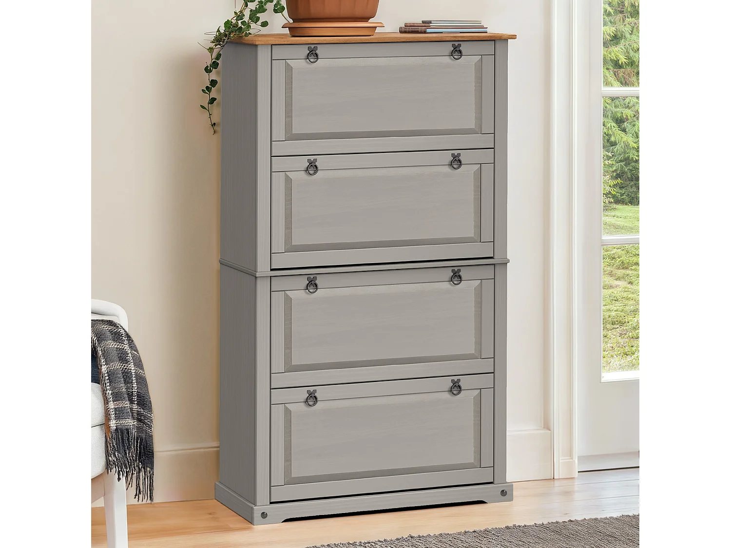 Mercers Furniture Corona Grey Wax 4 Shelf Shoe Rack Chest Solid Wood Mexican Pine Wooden Hallway Storage