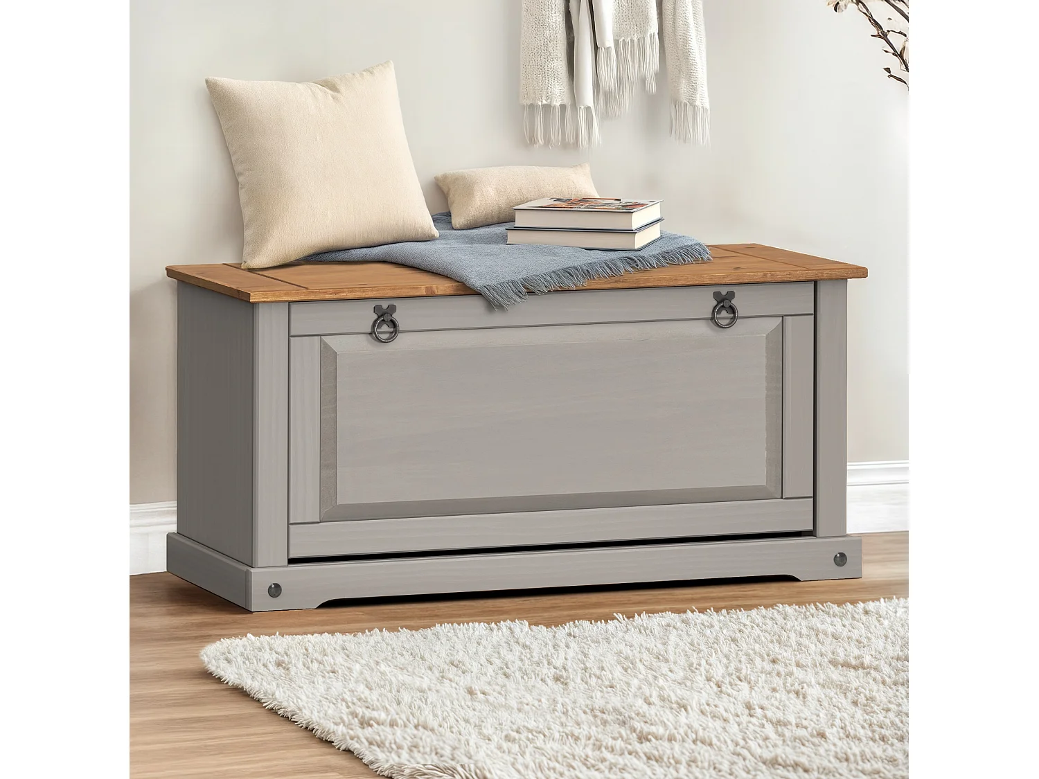 Mercers Furniture Corona Grey Wax 1 Shelf Shoe Rack Chest Solid Wood Mexican Pine Wooden Hallway Storage Bench