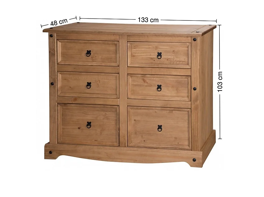 Mercers Furniture Corona Large 6 Drawer Wide Chest of Drawers Sideboard Solid Wood Pine Wooden with Mexican Styling