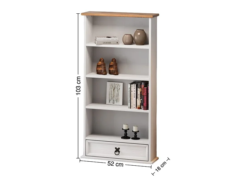 Mercers Furniture Corona White 1 Drawer DVD Rack Bookshelf 4 shelf Open Media CD Storage Unit Solid Wood Pine Wooden with Mexican Styling