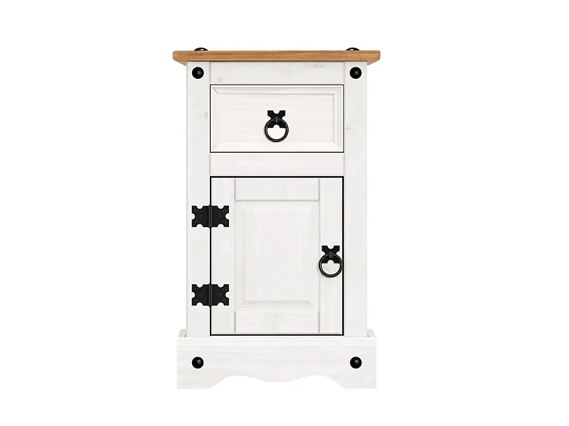 Mercers Furniture Corona White Bedside Table Cabinet Narrow Pot Cupboard 1 Door 1 Drawer Solid Wood Pine Wooden with Mexican Styling