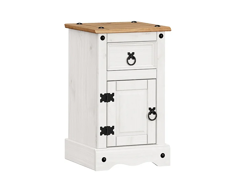 Mercers Furniture Corona White Bedside Table Cabinet Narrow Pot Cupboard 1 Door 1 Drawer Solid Wood Pine Wooden with Mexican Styling