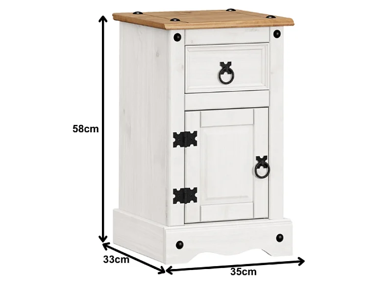 Mercers Furniture Corona White Bedside Table Cabinet Narrow Pot Cupboard 1 Door 1 Drawer Solid Wood Pine Wooden with Mexican Styling