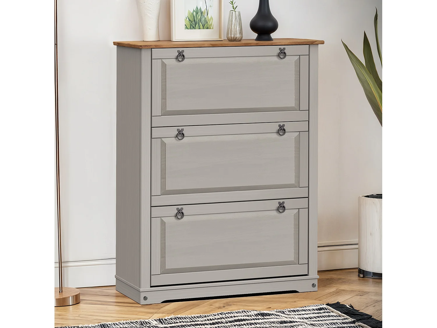 Mercers Furniture Corona Grey Wax 3 Shelf Shoe Rack Chest Solid Wood Mexican Pine Wooden Hallway Storage
