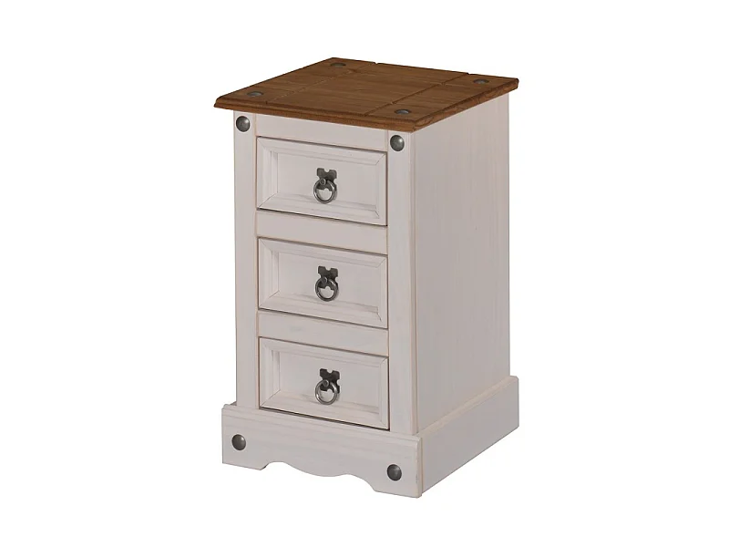 Mercers Furniture Corona White Narrow 3 Drawer Bedside Cabinet Chest Table Solid Wood Pine Wooden Bedroom with Mexican Styling