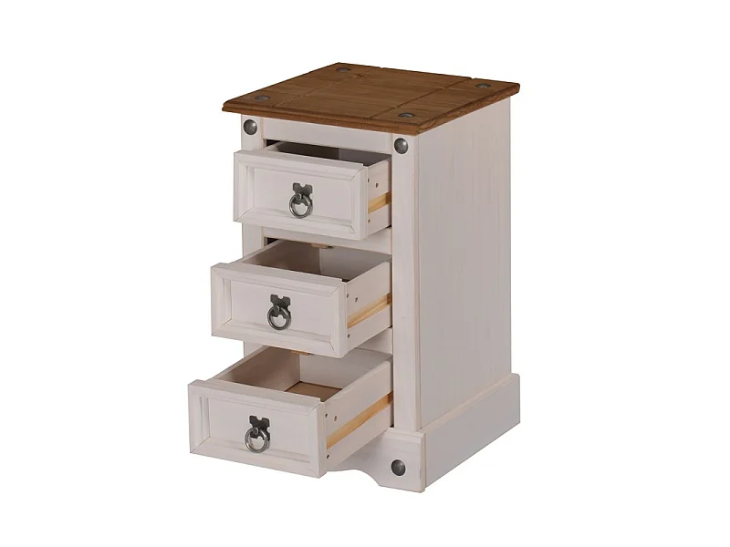 Mercers Furniture Corona White Narrow 3 Drawer Bedside Cabinet Chest Table Solid Wood Pine Wooden Bedroom with Mexican Styling