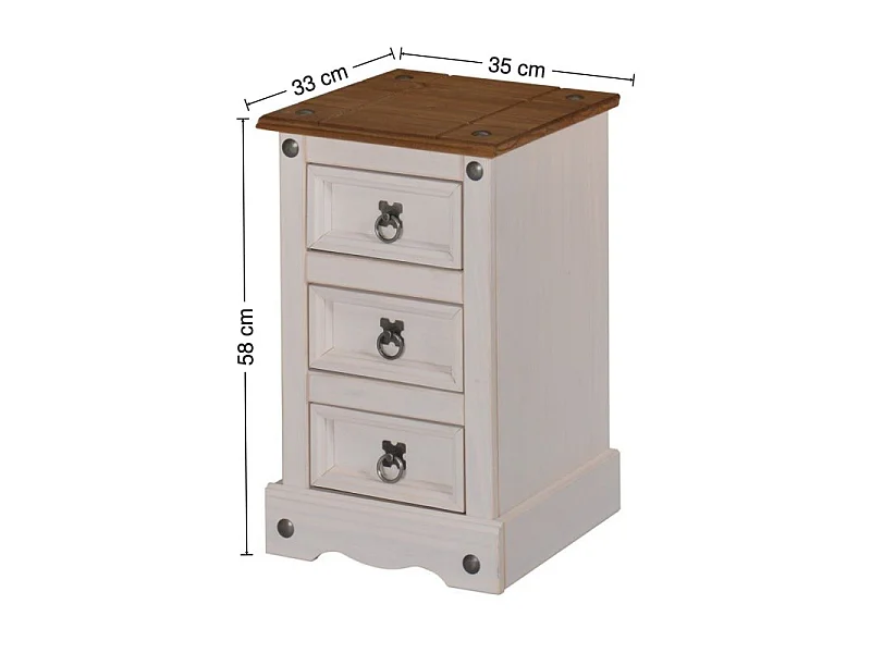 Mercers Furniture Corona White Narrow 3 Drawer Bedside Cabinet Chest Table Solid Wood Pine Wooden Bedroom with Mexican Styling
