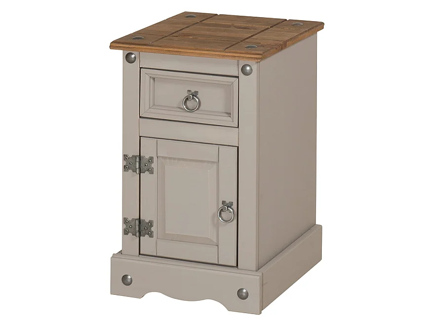 Mercers Furniture Corona Grey Wax Narrow Pot Cupboard Bedside Cabinet 1 Door 1 Drawer Table Solid Wood Pine Wooden Bedroom with Mexican Styling