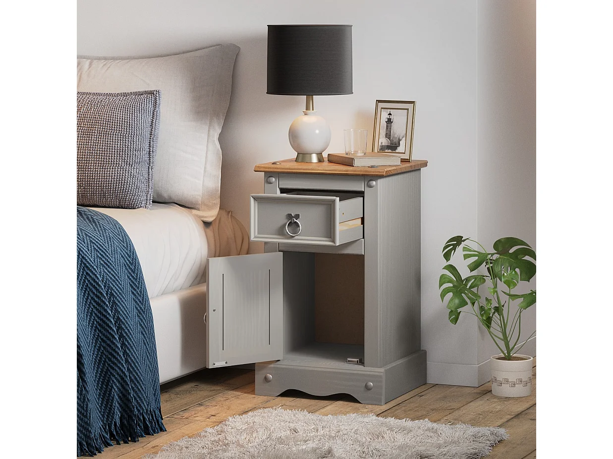 Mercers Furniture Corona Grey Wax Narrow Pot Cupboard Bedside Cabinet 1 Door 1 Drawer Table Solid Wood Pine Wooden Bedroom with Mexican Styling
